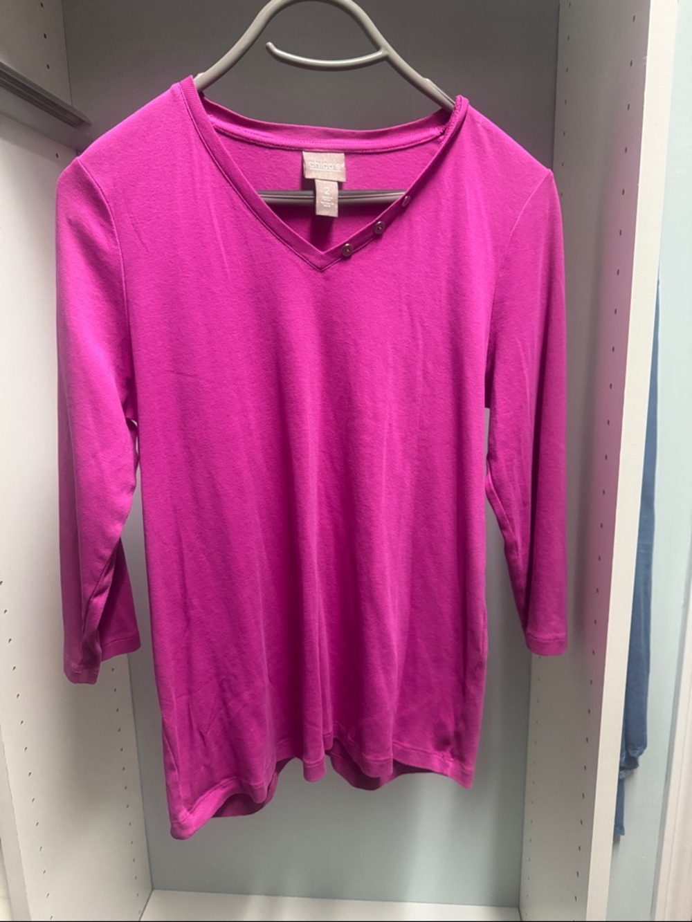 Chico's Bright Magenta Long Sleeve V-Neck Top with Button Detail